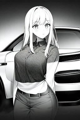 blonde young girl inside car, greyscale