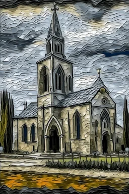 A gray monastery made out if steel painted by Vincent van Gogh