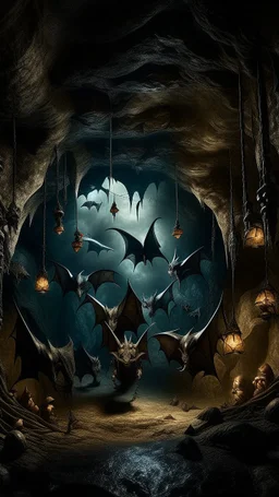 Bosch nightmares paining style bats hanging upside down inside a cave , 8k artistic photography, photorealistic concept art, soft natural volumetric cinematic perfect light, chiaroscuro, award-winning photograph, masterpiece, oil on canvas, Raphael, Caravaggio’s, Greg Rutkowski, people, beksinski, Giger