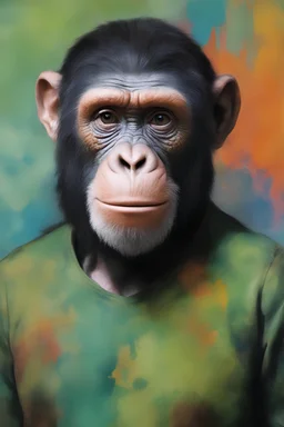 Roddy McDowall as Cornelius the chimpanzee from Planet of the Apes wearing a thick green cotton tunic and trousers - extremely colorful, multicolored paint splattered wall in the background, oil painting by Leonardo da Vinci