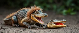 crocodile dog with fluffy hair, doing dog things and eating another croc