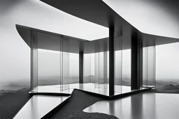 a surreal open glass gate in a glass wall with a view of a desolate landscape, fog, storm, infrared filter, strong contrasts, by artist "Leonora Carrington",by artist "Zaha Hadid""