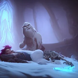 Legendary Yeti with long white hair lying on a sleigh bed watching TV and eating popcorn, clear and healthy body anatomy, detailed drawing elements, artwork, full HD painting, 8K