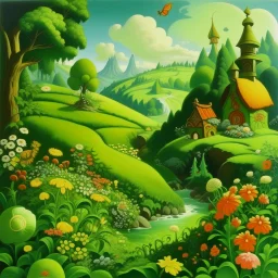 A green fairy kingdom with flowers painted by Thomas Hart Benton