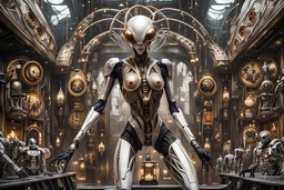 Mind Bending View.Dynamic Action Pose.Hyperrealistic,Dark sci-fi theme, alien shop dominates foreground, A gothic Art Deco biomechanical entity reminiscent of a punky, white lace plastic pattern, voodoo, robot-inspired, geisha shaman absorbed in soft golden and shimmering silver hues,biomechanichal nanobot mutated silver polish ladybug, smoky laser dreadlocks and pikes diods x-ray haircut, Gustav Klimt-inspired dress, porcelai. Rule of Thirds , Blurred Background , 135 Focus