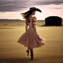 A lonesome cowboy in a ballerina dress is dancing in the prairie