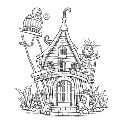 A fairy house with a pirate flag and a treasure chest, coloring page, exact shape, real image, minimal lines, white back ground color, real style, realistic, minimalistic, minimal black line art, line art, crisp line art, unique coloring sheet, outlined, outline, crisp, crisp line edges, illustration, thin lines, crisp clear lines, line art, clean line art, unique, 8k, no colors, no dark color, no black color, avoid thick black, minimalistic line edges, pure white back ground,