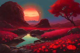 red sky with one planet in the horizon, rocks, 2000's sci-fi movies influence, mountains, puddle, flowers, spring, epic, friedrich eckenfelder impressionism paintings