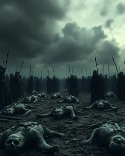 nightmare , a lot of people on the ground dead scared because of the The Black Death was a bubonic plague pandemic dead bodies , great quality picture with cinematic scenes , heavy clouds in the background