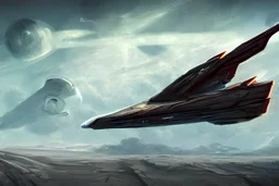 sci-fi spaceship flying low over an alien landscape, concept art, digital painting