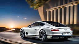 A sleek white shiny (((Bentley Porsche))), its contours and details perfectly captured in a (((cinematic view))), zipping along a winding road under a beautiful blue black night sky