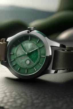 Generate a realistic image of an aventurine dial watch worn by someone exploring a new destination. Showcase the watch in a travel context with realistic backgrounds and lighting. Capture the sense of stability and reliability as the watch accompanies the wearer on their journey.