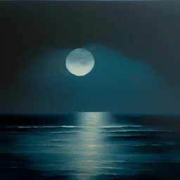 Minimal abstract oil painting of of moody sea. With a full moon.