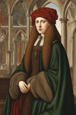 Half body portrait of a young woman in winter clothes in the style of jan van eyck in colors on a white background