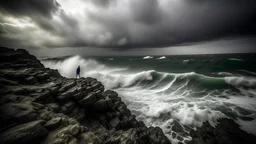 A @Geiffon standing proudly on a rocky cliff overlooking a stormy sea, dark clouds swirling above, waves crashing against the rocks, its powerful wings spread against the wind.