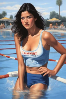 Fast Times at Ridgemont High - head and shoulders portrait, Photorealistic, hyperrealism, Dazzling, Complex, dramatic, bold, attractive Phoebe Cates, perfect, Athletic, toned body with tanned skin, perfectly formed body, at the swimming pool, extremely detailed