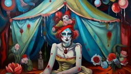 a painting of a woman with flowers on her head, a surrealist painting, cg society contest winner, inside a circus tent, mixed media painting, night outside, acrylic drawing, whimsy, puppet on a string, acryl on canvas, mixed medias, jester themed, large pastel, potrait, dream