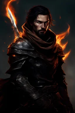 dark style, super realistic digital artwork of a fantasy hero class fighter with flames He is a male character with black hair and blue eyes, featuring a scar on his face and a beard. He wields two weapons that emit black flames. He is dressed in leather armor and a brown scarf covering his mouth. The background should be a burnt-down village with eerie, sinister shadows lurking around, adding a dark and ominous atmosphere. The artwork should convey a sense of mystery and danger, realistic graph