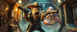 air brush 3d with pen outline,spaghetti boss gunslinger with ammo belts, western fluffy elder goblin troll edgy hero with slightly glowing eyes in front of glistening sado space lobster dog, shallow depth of field, warm lantern, pin hole cam in doll house space ship air lock, bottom floor board edge border