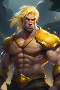 A strong, muscular character with yellow hair in a fantasy world