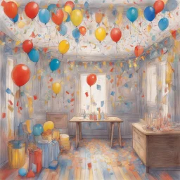 drawing of the interior of a birthday room with garlands, pennants, balloons, confetti, party spirit, music and colored lights, in the style of jasper johns