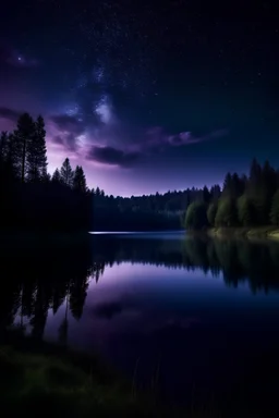 night sky with lake and dark forest all in violet shade