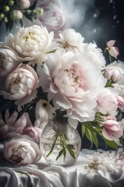 professional foto fantasy, beautiful bouquet of white,realistic photo,sketch, delicate drawing,oil painting, beautiful landscape, branch of large lush white and pink lace peonies of large flowers, pixel graphics, lots of details, sensuality,realism, high quality, decoration, hyperdetalization, professionally, filigree, hyperrealism, transparency, delicate pastel tones,backlight, contrast,fantastic, fabulous,unreal, translucent,luminous, clear lines,light green,white and pink