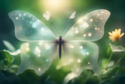 diaphanous transparent light butterfly with glowing center on green leaves and flowers, ethereal, otherwordly, cinematic postprocessing, bokeh, dof