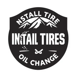 logo for a shop that installs tires and does oil changes, inside a shield shape, in the style of national parks stickers