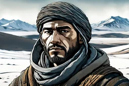 create a front facing, portrait illustration of an young, otherworldly lost Siberian nomadic wanderer with highly detailed, sharply lined and deeply weathered facial features in a desolate tundra steppe landscape in the graphic style of Enki Bilal, precisely drawn, finely lined and inked in natural winter tundra colors, hyper realistic, 8k, 3d render