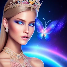 Full body Princess, sexy woman blondie, make up, beautiful smiling face,blue eyes, beautiful place,amazing, flowers, colors, blue and pink butterfly, realistic, photo real, stars night, detailed, high contrast, 8k high definition, unreal engine 5, extremely sharp detail, light effect, light background