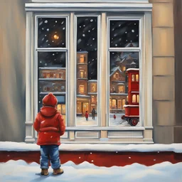 Winter. A toy red train stands on a New Year's Eve window. A boy is standing on the street and looking at this store window. The picture is painted in oil.