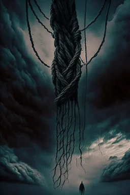 Human corpses, a long, strong and large rope hanging from the terrifying sky, inspired by science fiction, the scene is drama and cinema scenarios, the epic of the sky, dark colors, sad and depressing ،