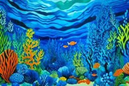 A blue underwater coral reef designed in Japanese origami painted by Alexej von Jawlensky