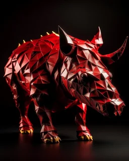 A dark red fire elemental rhino designed in Japanese origami painted by Gustav Klimt