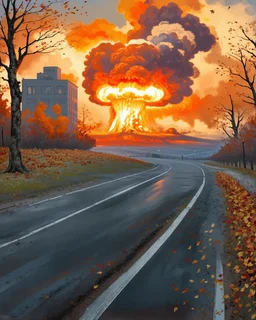 a road disappearing to the right, building and trees to the left, a nuclear explosion cloud in the background, add leaves falling in foreground, fantastic lighting detailed digital painting
