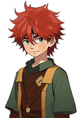 DND style Human child boy rogue with shaggy red hair and freckles