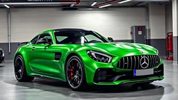 Mercedes-Benz AMG GT63s, green color, parked in a luxury garage and the car is facing left.