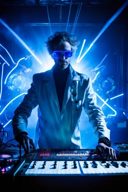 French cool synth player, he is called "Jean-Maurice Brûlée" performing at dance club, his name is "Jean-Maurice Brûlée" , white and blue Neon lights and smog, and "URANIUM" big sign on the wall, he is playing on synthesizers on stage with lot of laser beams and wearing black sunglasses