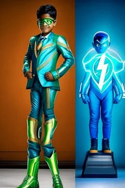 the flash fan and is Indian 11 year old kid with emerald lighting symbol and blue suit and orange boots