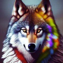 Wolf, red, orange, yellow, green, blue, purple, masterpiece, expert, 8K, hyperrealism, sharp focus, cinematic lighting