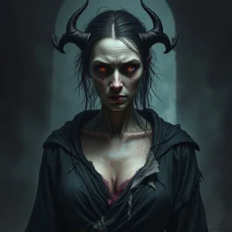 The demon witch, Lorissa Nightshade, appears—a gaunt, pale woman with hollowed out eyes and wearing tattered and torn robes. Grimdark realistic