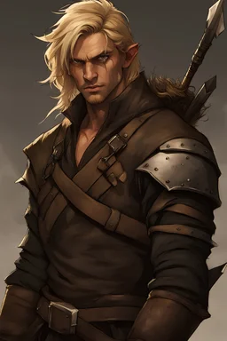 Thief Rogue Male Tanned Skin Shaggy Blonde Hair Rough Looking Black & Dark Brown Leather Armour Shortbow & quiver of black fletched arrows on back Twin Scimitars in hands Bandolier across chest containing glass vials of oil Cocky expression Half Elf Pose: Crouching as if sneaking past someone.