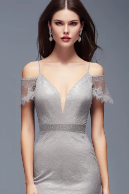 young, beautiful brunette with a perfect angry face, wearing gray silver lace off shoulder dress, standing in a modern stage with nice dancing lights.