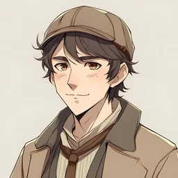 Young adult male, black hair with middle part under a newsboy cap, mischievous hazelnut brown eyes, tall and lanky, freckles here and there, 1920s styled outfit, anime style