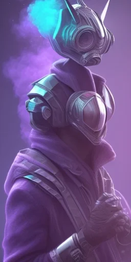 purple galaxy masked super villain, weapons in hands, teal and purple smoke, full portrait, hyper realistic, 4k