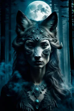 double exposure, ancient stunning wolf-woman mutant portait, forest, moon, smoke, ultra-high detailed, deep dark colors, dark fantasy, intricate detail, cinematic, masterpiece, sharp focus, dark ethereal fantasy, hyperdetailed, atmospheric , dark surreal fantasy