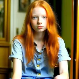 pretty girl, aged 12, ginger, conventionally attractive, bright clothes, realism, jeans, dreamy, tight top