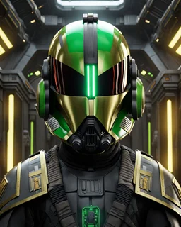 star wars bald male corellian pilot wearing black and bright gasoline green First Order special forces TIE pilot commando armored flightsuit and helmet with gold trim inside the jedi temple, centered head and shoulders portrait, hyperdetailed, dynamic lighting, hyperdetailed background, 8k resolution, volumetric lighting, light skin, fully symmetric details