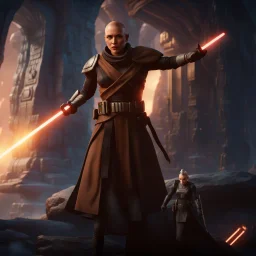 a bold and heroic bald male Corellian pilot in black and metallic grey First Order special forces gear meets a female Jedi Master in ancient, mystical temple, hyperdetailed, dynamic lighting, hyperdetailed background, 8k resolution, volumetric lighting, light skin, fully symmetric details